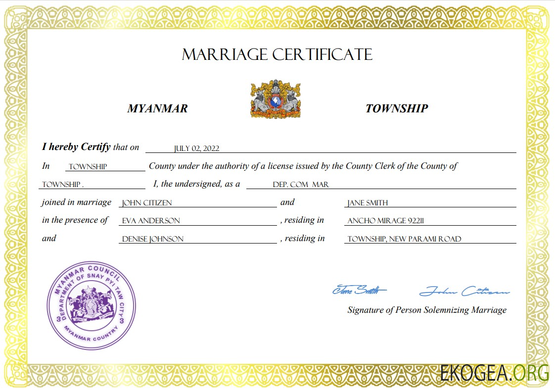 Modèle Word et PDF de certificat de mariage au Myanmar